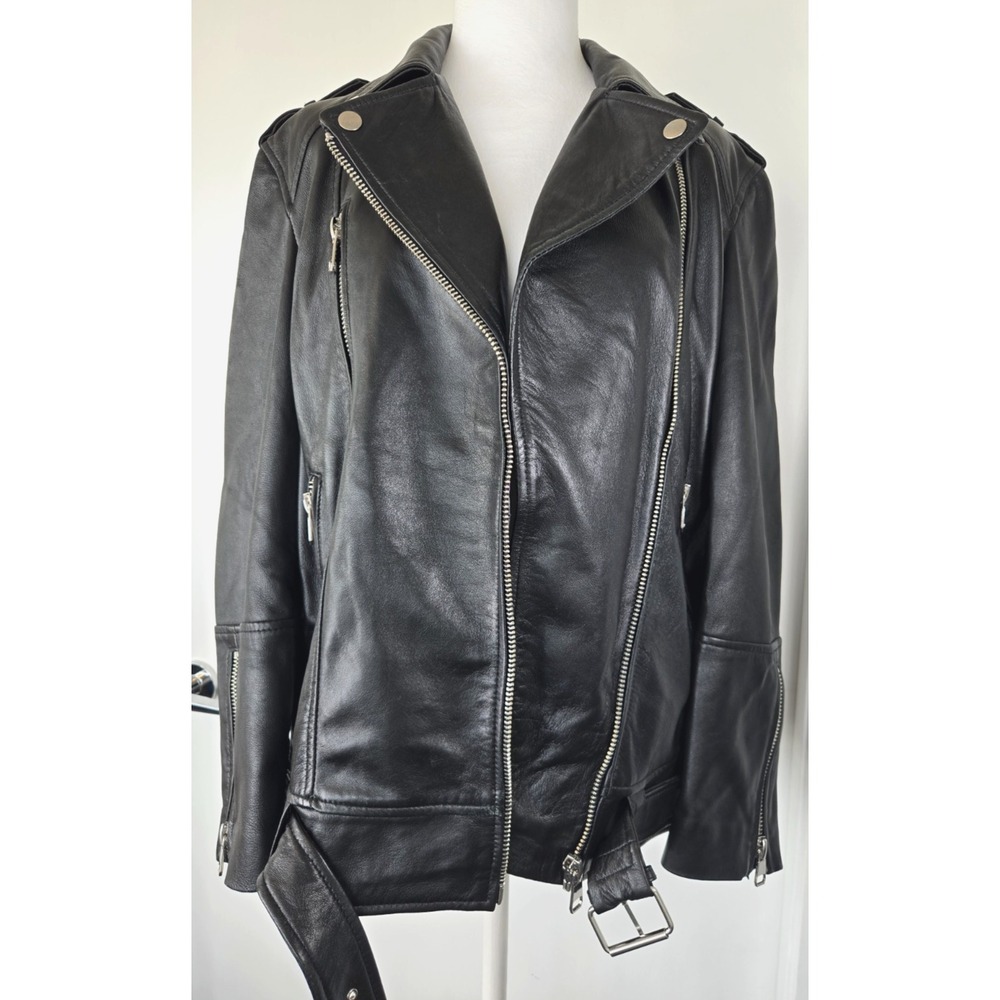 Zara Lamb Leather Biker Jacket Motorcycle Bomber Silver Metal Long Sleeves Sz M